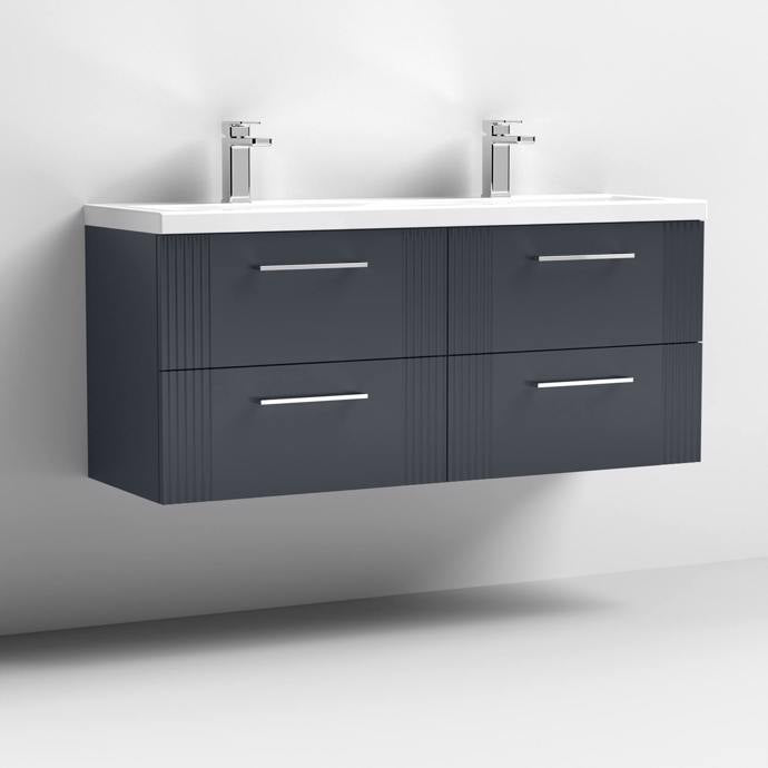Nuie Deco 1200mm Wall Hung 4 Drawer Fluted Double Vanity Unit & Basins - Satin Anthracite - Unbeatable Bathrooms
