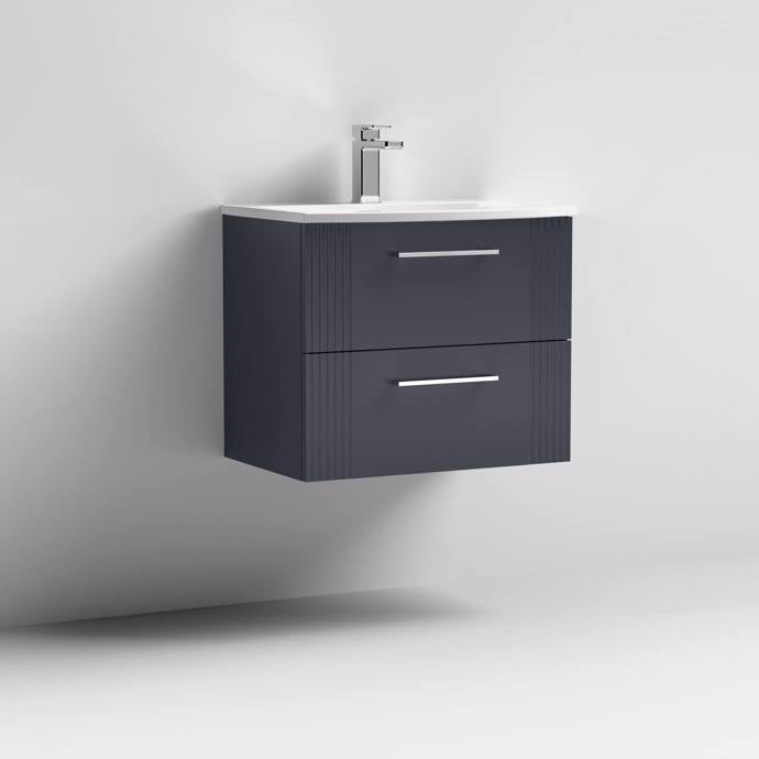 Nuie Deco 600mm Wall Hung 2 Drawer Fluted Vanity Unit & Basin - Satin Anthracite - Unbeatable Bathrooms