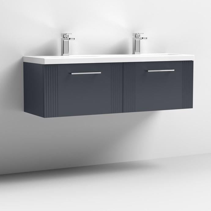 Nuie Deco 1200mm Wall Hung 2 Drawer Fluted Double Vanity Unit & Basins - Satin Anthracite - Unbeatable Bathrooms