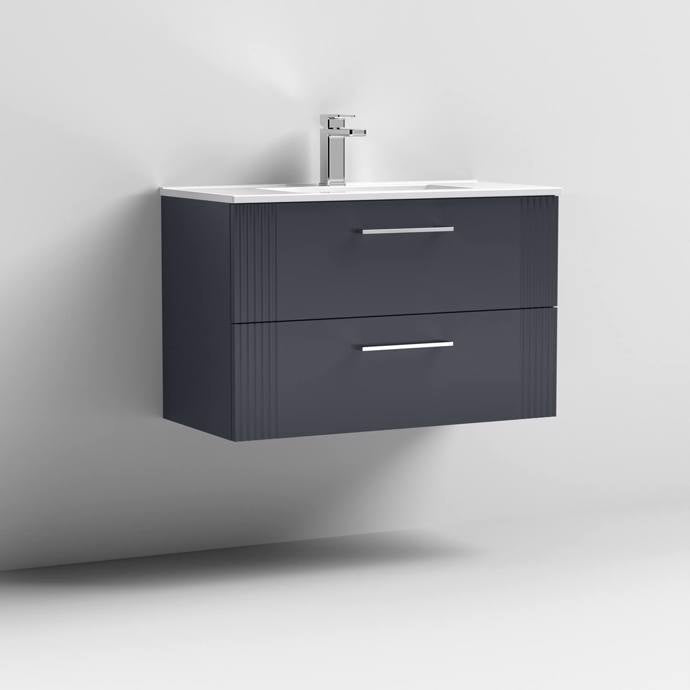 Nuie Deco 800mm Wall Hung 2 Drawer Fluted Vanity Unit & Basin - Satin Anthracite - Unbeatable Bathrooms