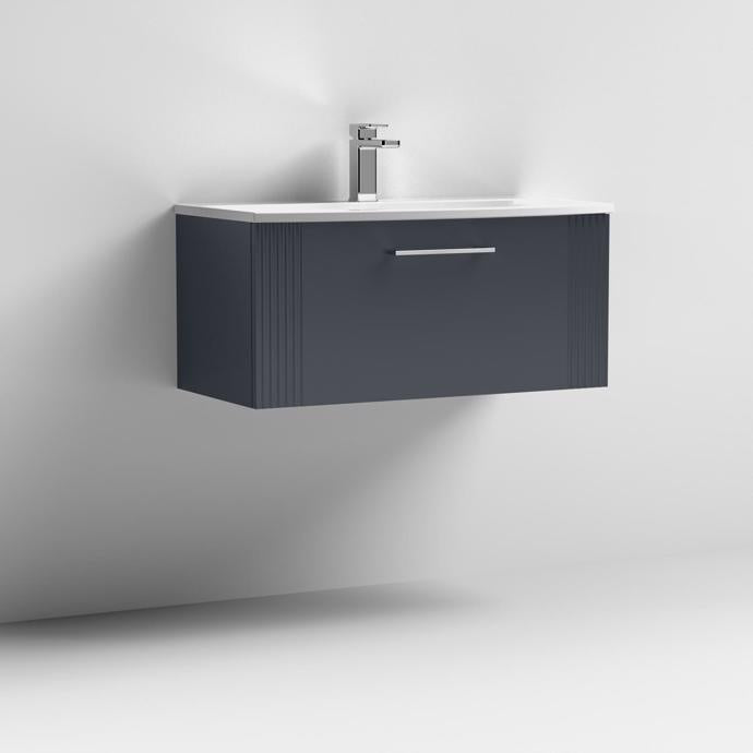 Nuie Deco 800mm Wall Hung 1 Drawer Fluted Vanity Unit & Basin - Satin Anthracite - Unbeatable Bathrooms
