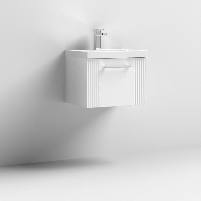 Nuie Deco 500mm Wall Hung 1 Drawer Fluted Vanity Unit & Basin - Satin White - Unbeatable Bathrooms