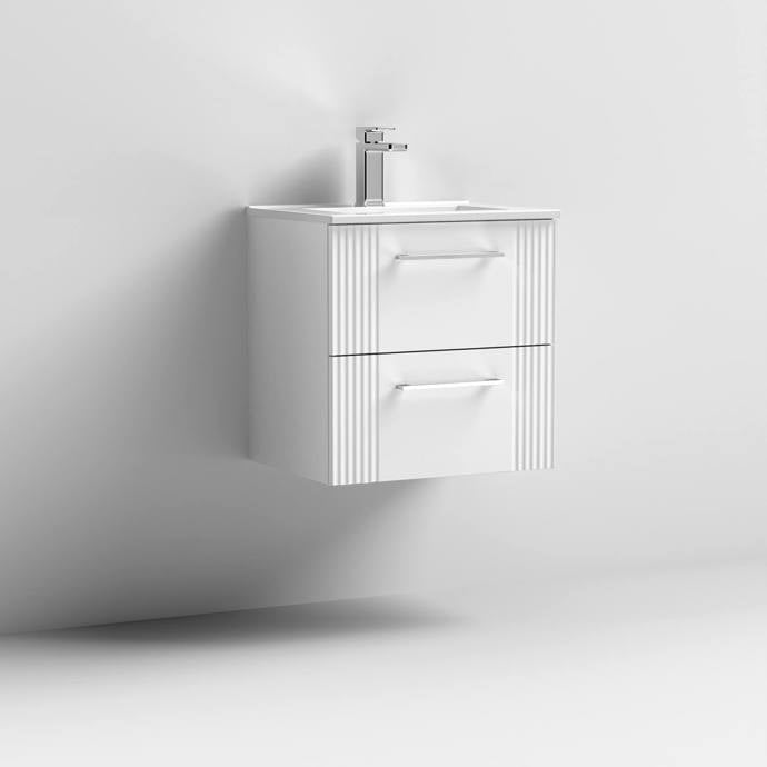 Nuie Deco 500mm Wall Hung 2 Drawer Fluted Vanity Unit & Basin - Satin White - Unbeatable Bathrooms