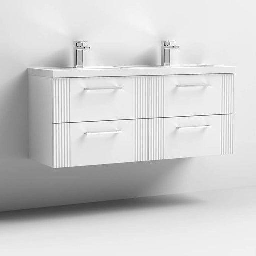 Nuie Deco 1200mm Wall Hung 4 Drawer Fluted Double Vanity Unit & Basins - Satin White - Unbeatable Bathrooms