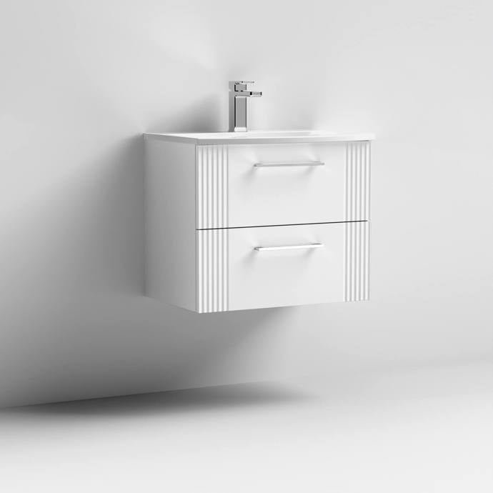 Nuie Deco 600mm Wall Hung 2 Drawer Fluted Vanity Unit & Basin - Satin White - Unbeatable Bathrooms