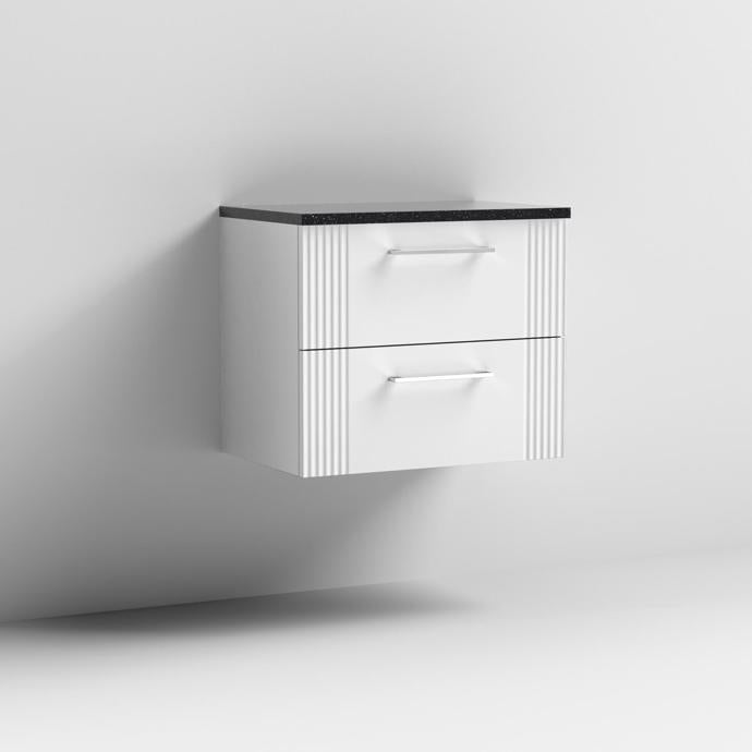Nuie Deco 600mm Wall Hung 2 Drawer Fluted Vanity Unit & Worktop - Satin White - Unbeatable Bathrooms