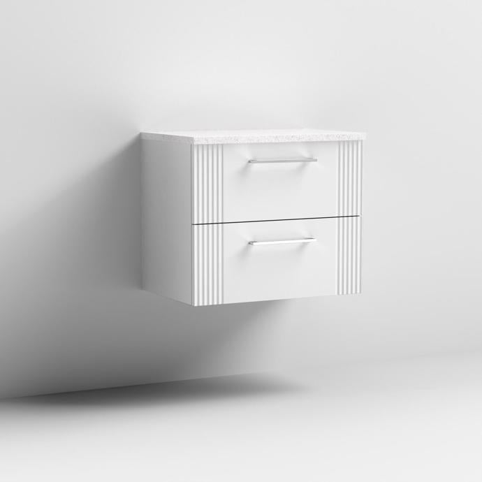 Nuie Deco 600mm Wall Hung 2 Drawer Fluted Vanity Unit & Worktop - Satin White - Unbeatable Bathrooms