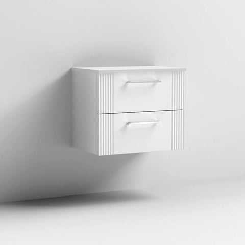 Nuie Deco 600mm Wall Hung 2 Drawer Fluted Vanity Unit & Worktop - Satin White - Unbeatable Bathrooms