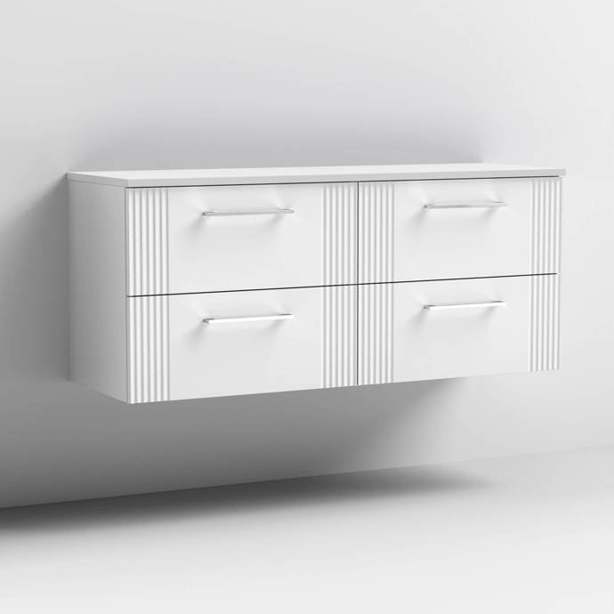 Nuie Deco 1200mm Wall Hung 4 Drawer Fluted Double Vanity Unit & Worktop - Satin White - Unbeatable Bathrooms