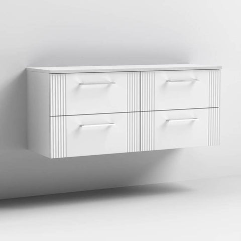 Nuie Deco 1200mm Wall Hung 4 Drawer Fluted Double Vanity Unit & Worktop - Satin White - Unbeatable Bathrooms