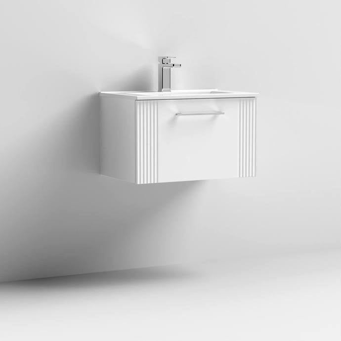 Nuie Deco 600mm Wall Hung 1 Drawer Fluted Vanity Unit & Basin - Satin White - Unbeatable Bathrooms