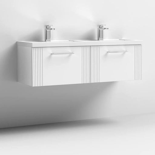 Nuie Deco 1200mm Wall Hung 2 Drawer Fluted Double Vanity Unit & Basins - Satin White - Unbeatable Bathrooms