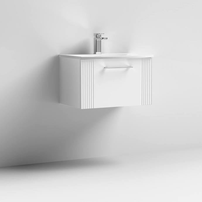 Nuie Deco 600mm Wall Hung 1 Drawer Fluted Vanity Unit & Basin - Satin White - Unbeatable Bathrooms