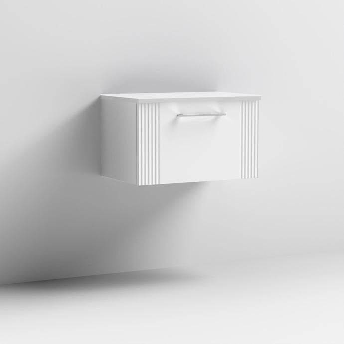 Nuie Deco 600mm Wall Hung 1 Drawer Fluted Vanity Unit & Worktop - Satin White - Unbeatable Bathrooms