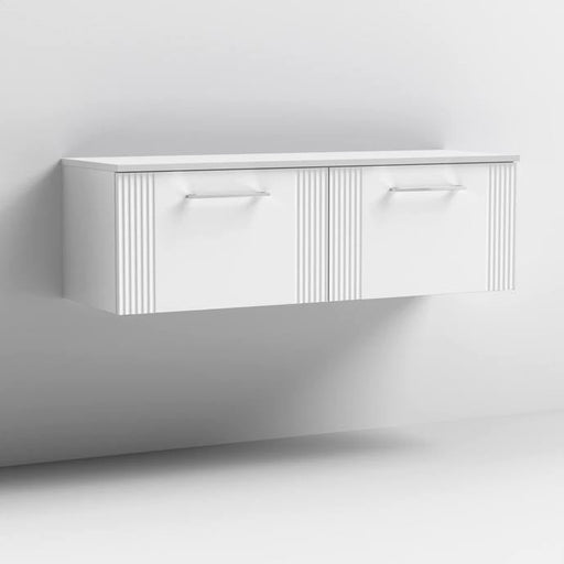 Nuie Deco 1200mm Wall Hung 2 Drawer Fluted Double Vanity Unit & Worktop - Satin White - Unbeatable Bathrooms