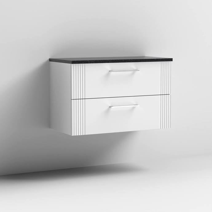 Nuie Deco 800mm Wall Hung 2 Drawer Fluted Vanity Unit & Worktop - Satin White - Unbeatable Bathrooms