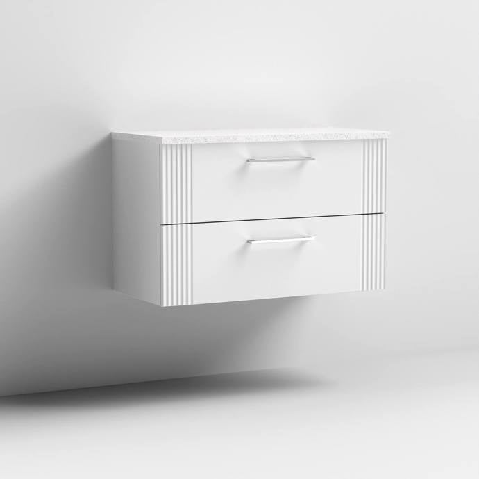 Nuie Deco 800mm Wall Hung 2 Drawer Fluted Vanity Unit & Worktop - Satin White - Unbeatable Bathrooms