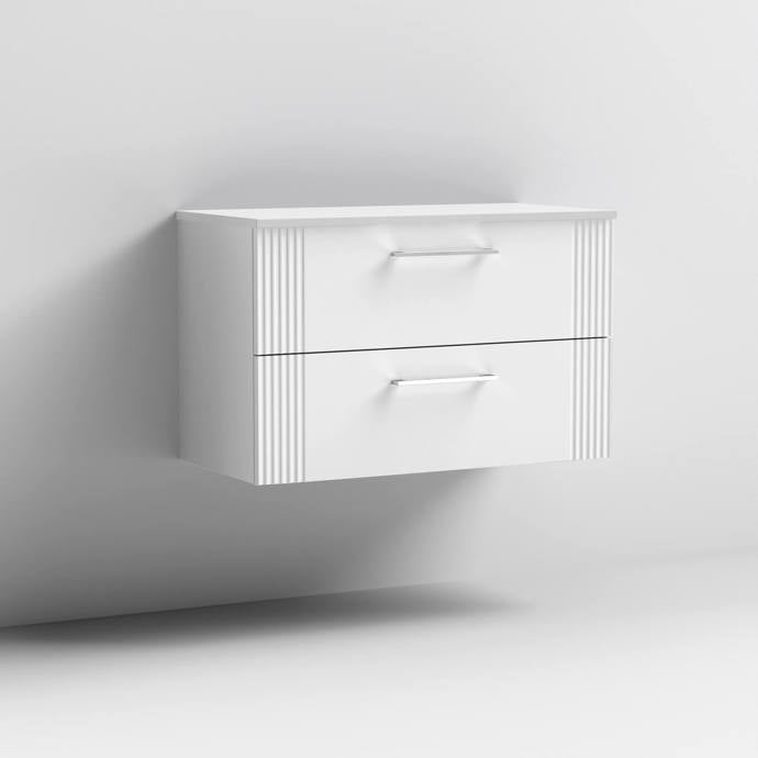 Nuie Deco 800mm Wall Hung 2 Drawer Fluted Vanity Unit & Worktop - Satin White - Unbeatable Bathrooms