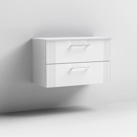Nuie Deco 800mm Wall Hung 2 Drawer Fluted Vanity Unit & Worktop - Satin White - Unbeatable Bathrooms