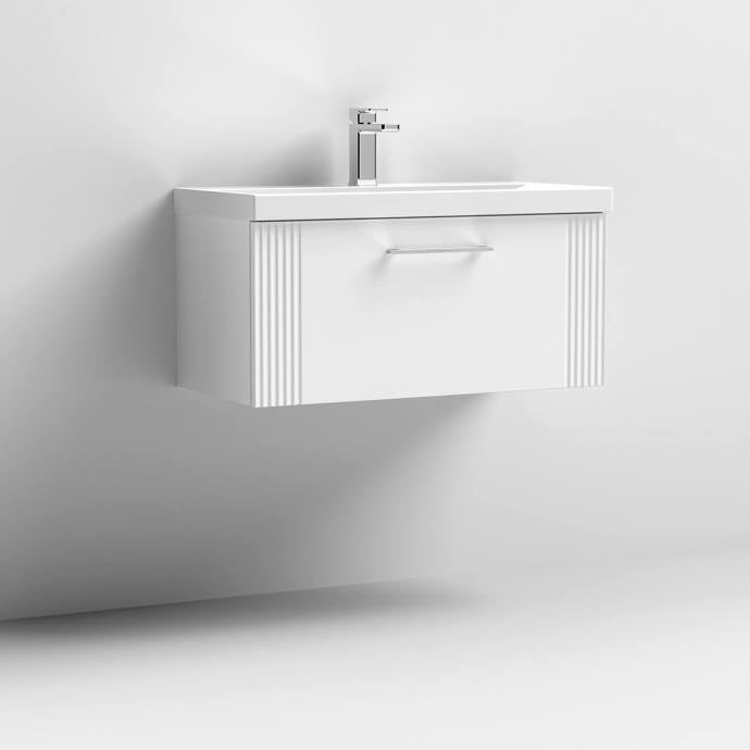 Nuie Deco 800mm Wall Hung 1 Drawer Fluted Vanity Unit & Basin - Satin White - Unbeatable Bathrooms