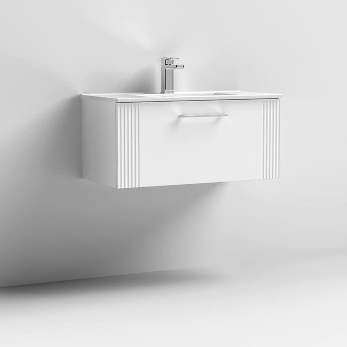 Nuie Deco 800mm Wall Hung 1 Drawer Fluted Vanity Unit & Basin - Satin White - Unbeatable Bathrooms