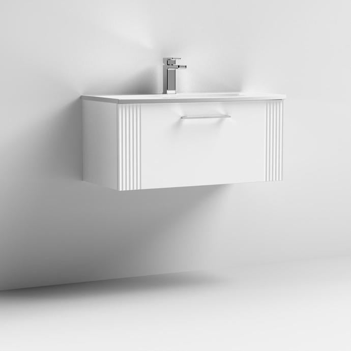 Nuie Deco 800mm Wall Hung 1 Drawer Fluted Vanity Unit & Basin - Satin White - Unbeatable Bathrooms