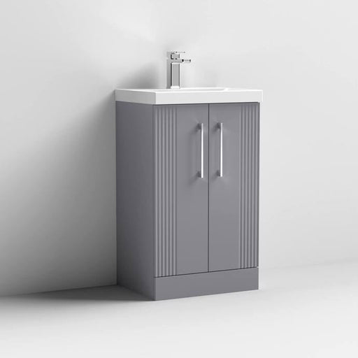 Nuie Deco 500mm Floor Standing 2 Door Fluted Vanity Unit & Basin - Satin Grey - Unbeatable Bathrooms