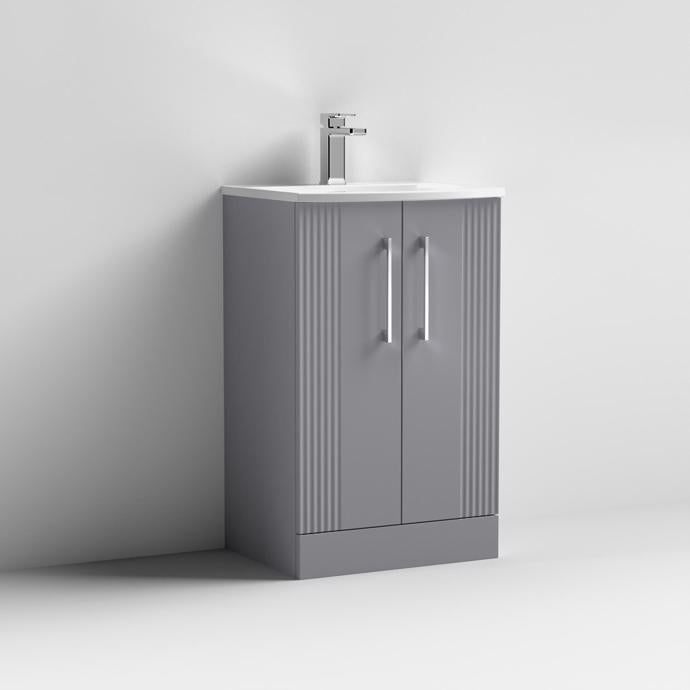 Nuie Deco 500mm Floor Standing 2 Door Fluted Vanity Unit & Basin - Satin Grey - Unbeatable Bathrooms