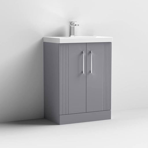 Nuie Deco 600mm Floor Standing 2 Door Fluted Vanity Unit & Basin - Satin Grey - Unbeatable Bathrooms