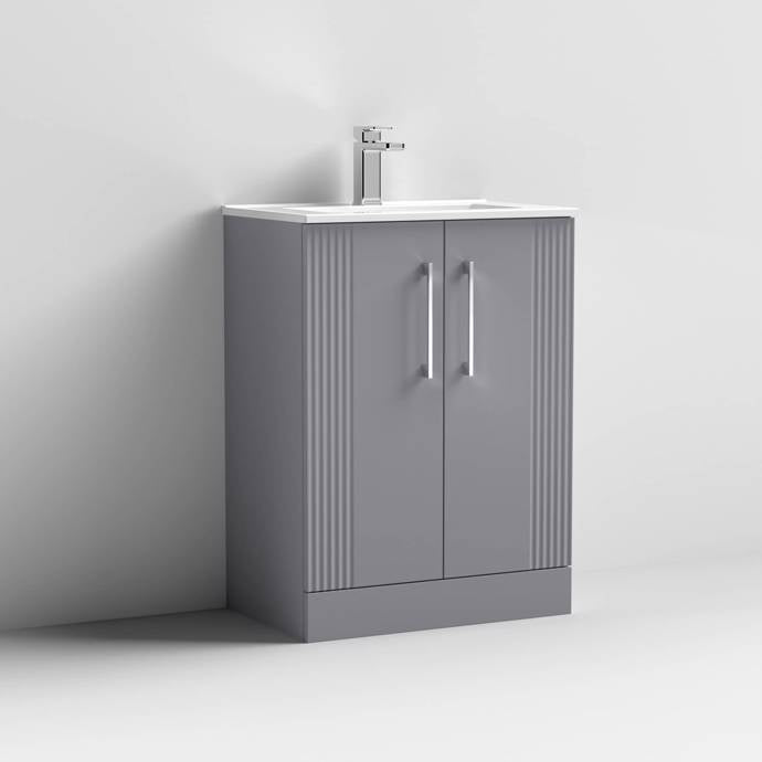 Nuie Deco 600mm Floor Standing 2 Door Fluted Vanity Unit & Basin - Satin Grey - Unbeatable Bathrooms