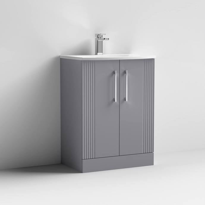 Nuie Deco 600mm Floor Standing 2 Door Fluted Vanity Unit & Basin - Satin Grey - Unbeatable Bathrooms
