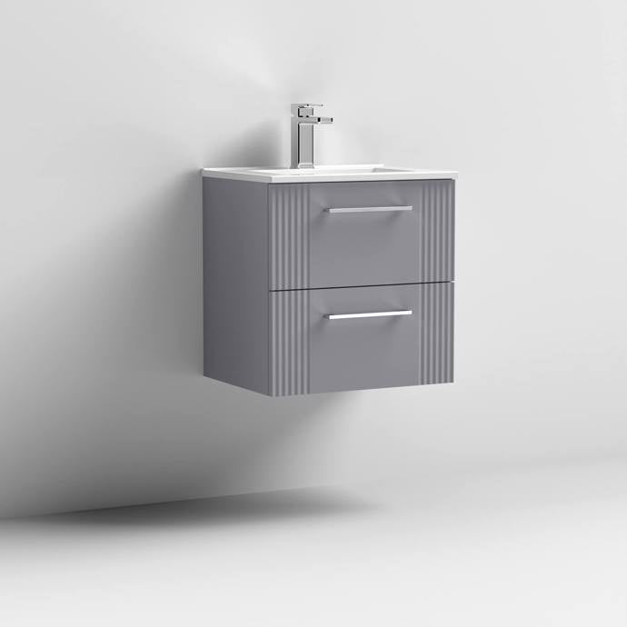 Nuie Deco 500mm Wall Hung 2 Drawer Fluted Vanity Unit & Basin - Satin Grey - Unbeatable Bathrooms