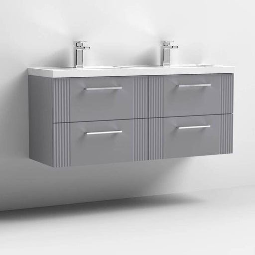 Nuie Deco 1200mm Wall Hung 4 Drawer Fluted Double Vanity Unit & Basins - Satin Grey - Unbeatable Bathrooms
