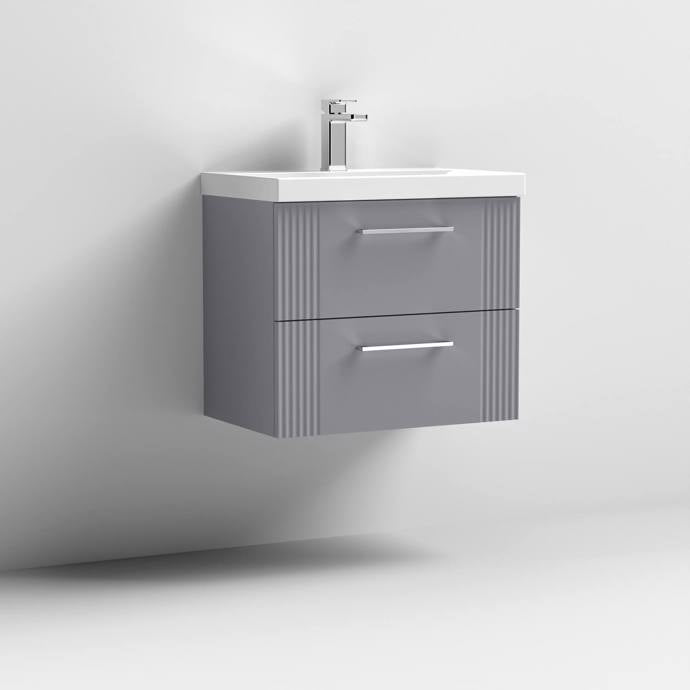 Nuie Deco 600mm Wall Hung 2 Drawer Fluted Vanity Unit & Basin - Satin Grey - Unbeatable Bathrooms