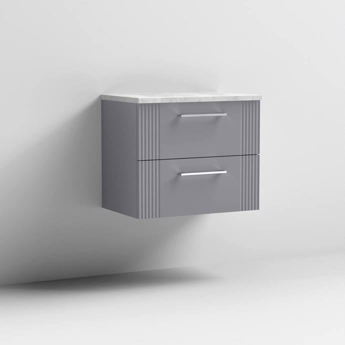 Nuie Deco 600mm Wall Hung 2 Drawer Fluted Vanity Unit & Worktop - Satin Grey - Unbeatable Bathrooms