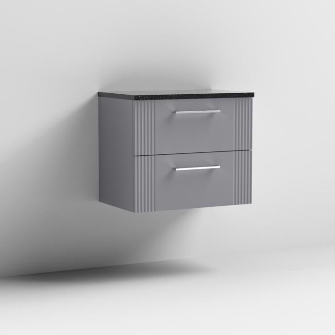 Nuie Deco 600mm Wall Hung 2 Drawer Fluted Vanity Unit & Worktop - Satin Grey - Unbeatable Bathrooms