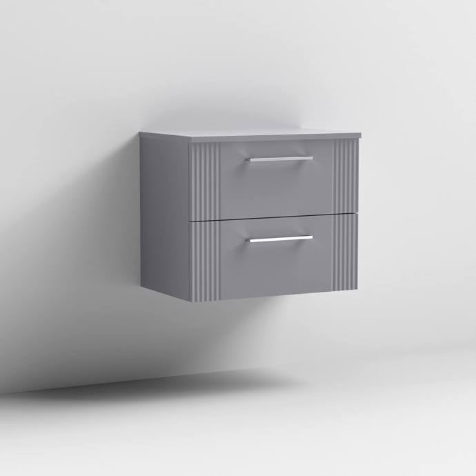 Nuie Deco 600mm Wall Hung 2 Drawer Fluted Vanity Unit & Worktop - Satin Grey - Unbeatable Bathrooms