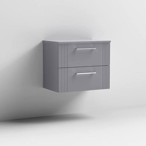 Nuie Deco 600mm Wall Hung 2 Drawer Fluted Vanity Unit & Worktop - Satin Grey - Unbeatable Bathrooms