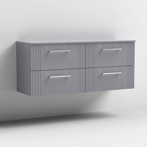 Nuie Deco 1200mm Wall Hung 4 Drawer Fluted Double Vanity Unit & Worktop - Satin Grey - Unbeatable Bathrooms