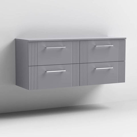 Nuie Deco 1200mm Wall Hung 4 Drawer Fluted Double Vanity Unit & Worktop - Satin Grey - Unbeatable Bathrooms