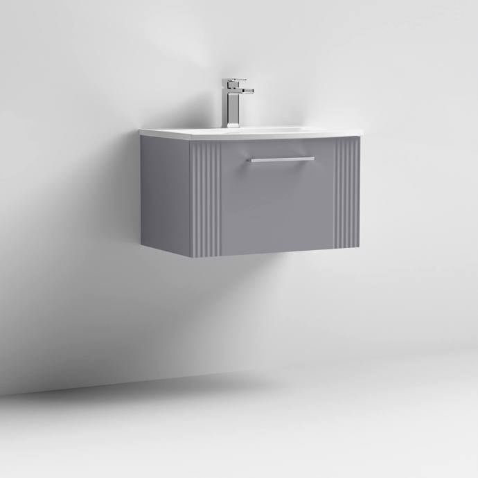 Nuie Deco 600mm Wall Hung 1 Drawer Fluted Vanity Unit & Basin - Satin Grey - Unbeatable Bathrooms