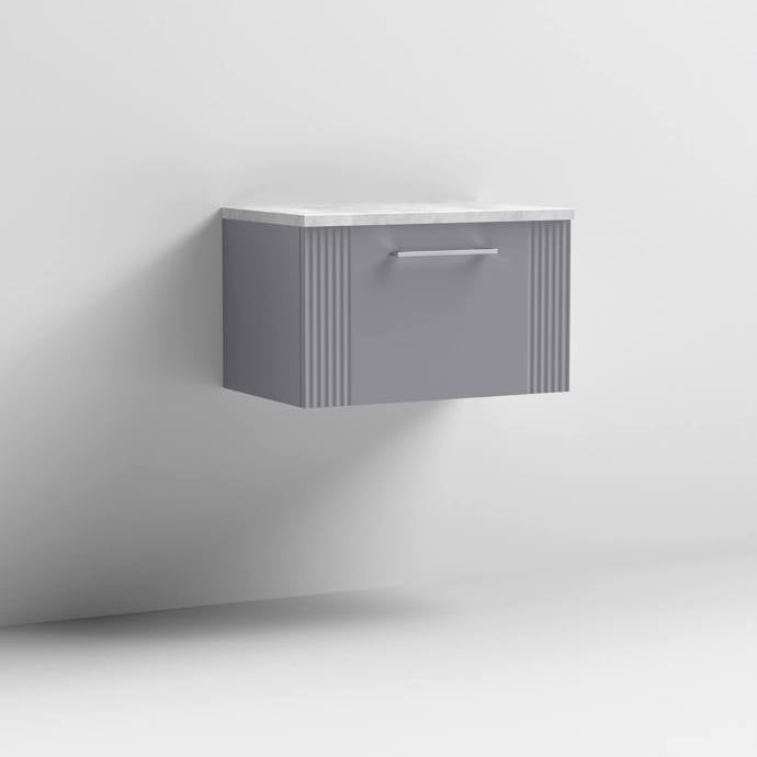 Nuie Deco 600mm Wall Hung 1 Drawer Fluted Vanity Unit & Worktop - Satin Grey - Unbeatable Bathrooms