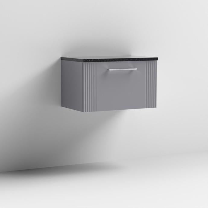 Nuie Deco 600mm Wall Hung 1 Drawer Fluted Vanity Unit & Worktop - Satin Grey - Unbeatable Bathrooms
