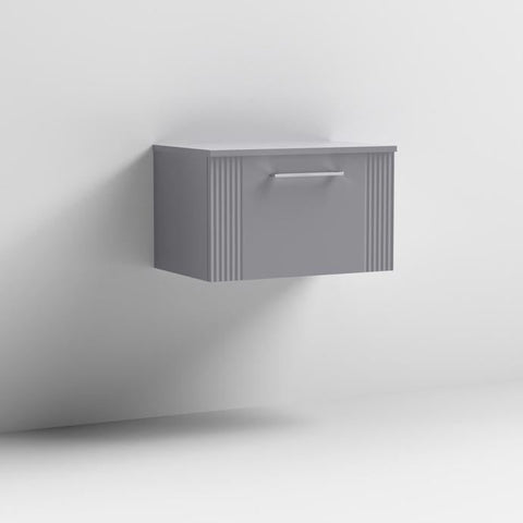 Nuie Deco 600mm Wall Hung 1 Drawer Fluted Vanity Unit & Worktop - Satin Grey - Unbeatable Bathrooms