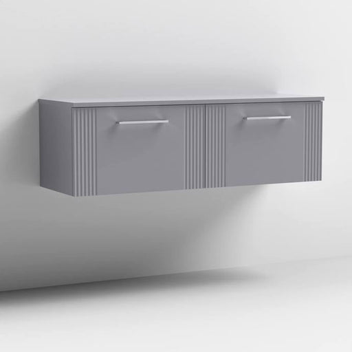 Nuie Deco 1200mm Wall Hung 2 Drawer Fluted Double Vanity Unit & Worktop - Satin Grey - Unbeatable Bathrooms