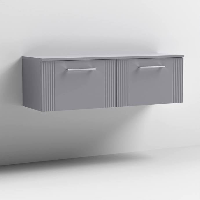 Nuie Deco 1200mm Wall Hung 2 Drawer Fluted Double Vanity Unit & Worktop - Satin Grey - Unbeatable Bathrooms