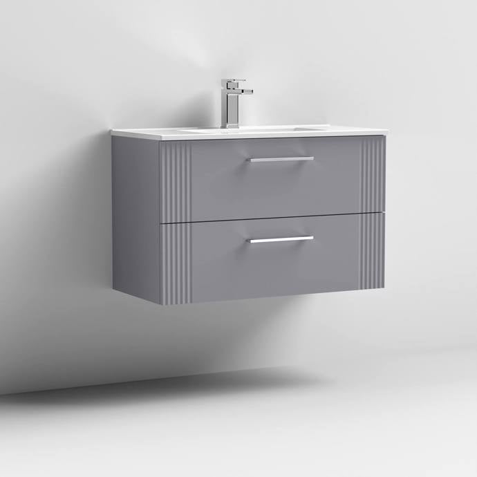 Nuie Deco 800mm Wall Hung 2 Drawer Fluted Vanity Unit & Basin - Satin Grey - Unbeatable Bathrooms