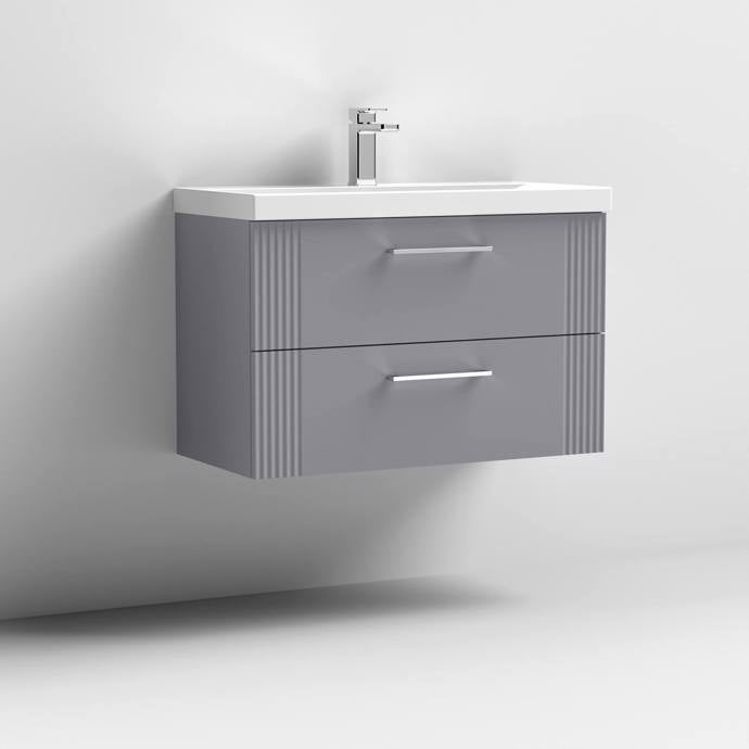 Nuie Deco 800mm Wall Hung 2 Drawer Fluted Vanity Unit & Basin - Satin Grey - Unbeatable Bathrooms