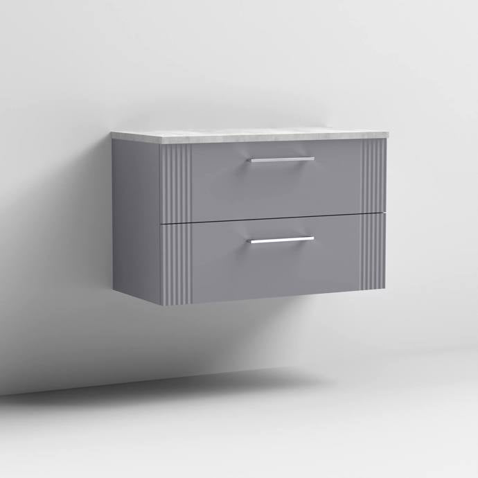Nuie Deco 800mm Wall Hung 2 Drawer Fluted Vanity Unit & Worktop - Satin Grey - Unbeatable Bathrooms