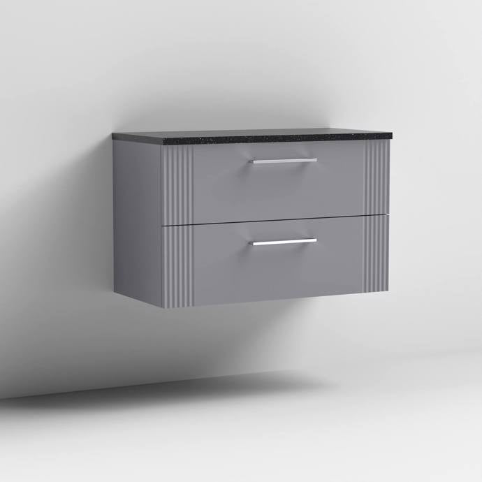 Nuie Deco 800mm Wall Hung 2 Drawer Fluted Vanity Unit & Worktop - Satin Grey - Unbeatable Bathrooms
